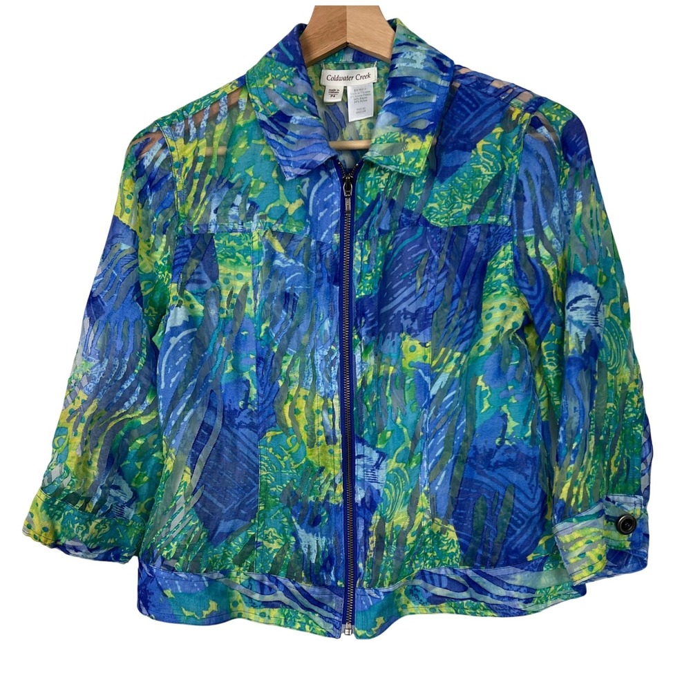 Coldwater Creek Women's Petite 4 Blue Green Burn out Sheer Zip 3/4 Sleeve Jacket